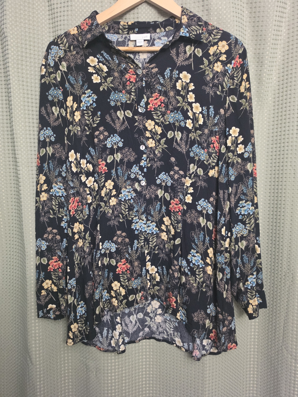 J. Jill Navy Floral Button-Up Blouse with Multicolor Blooms